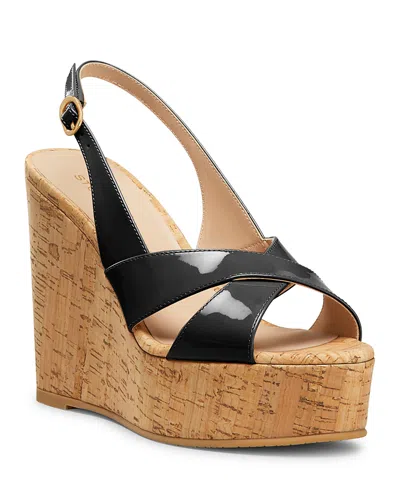 Stuart Weitzman Dayna Patent Crisscross Wedge Platform Sandals In Black