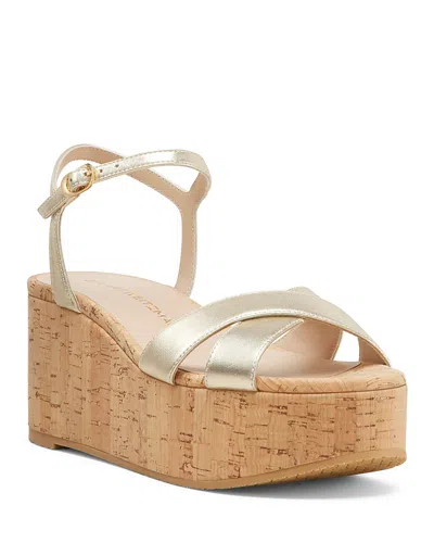 Stuart Weitzman Dayna Ankle Strap Platform Wedge Sandal In Light Gold