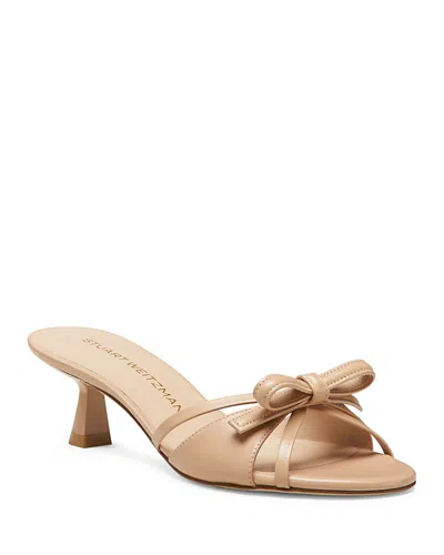 Stuart Weitzman Felicity Leather Bow Kitten-heel Mules In Brown