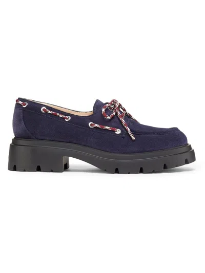 Stuart Weitzman Hudson Suede Lug-sole Boat Shoes In Blue