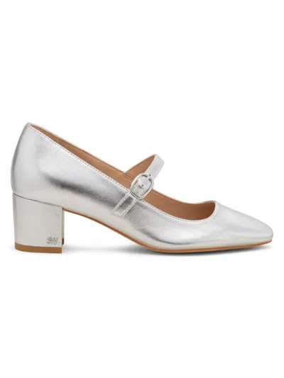 Stuart Weitzman Women's Louise 50mm Metallic Leather Mary Jane In Silver