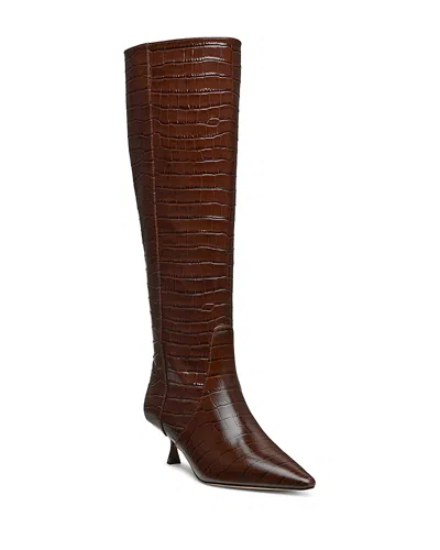 Stuart Weitzman Women's Naomi 50 Pointed Toe Embossed Tall Kitten Heel Boots In Walnut
