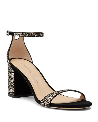 Stuart Weitzman Nudist Embellished Block Ankle-strap Sandals In Jet Hematite/black