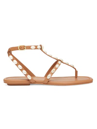 Stuart Weitzman Pearlita Stud T-strap Sandals In Tan