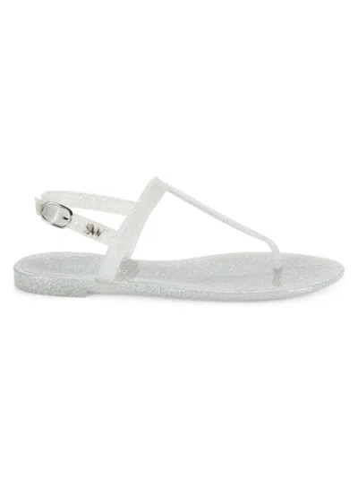 Stuart Weitzman Women's Sallie Glitter T Strap Flat Sandals In Silver