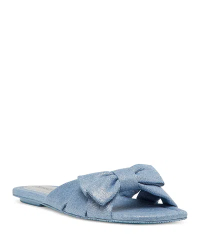 Stuart Weitzman Sofia Metallic Denim Bow Slide Sandals In Silver Blue