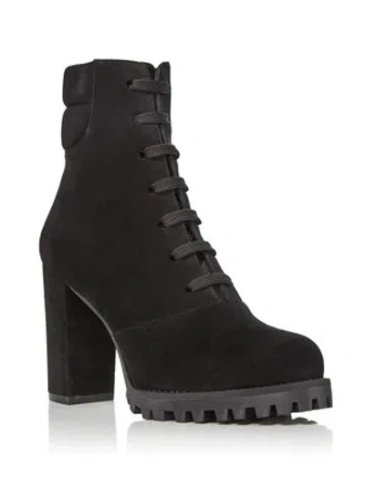 Pre-owned Stuart Weitzman Womens Black Cyler Toe Block Heel Leather Combat Boots 5.5 M