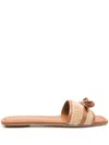 Stuart Weitzman Woven Upper Brown Sandals With Delicate Bow Accent