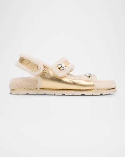Stuart Weitzman Wynter Metallic Shearling Sport Sandals In Goldencream