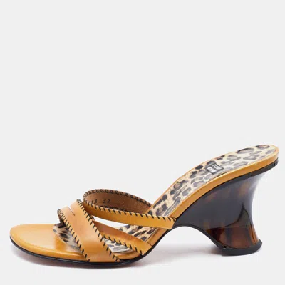 Pre-owned Stuart Weitzman Yellow Leather Strappy Slide Sandals Size 37