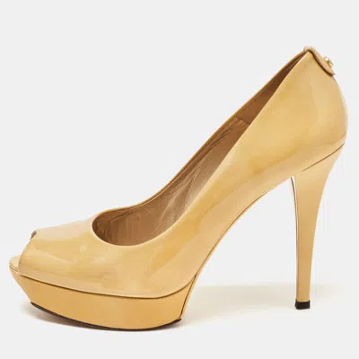 Stuart Weitzman Yellow Patent Leather Peep Toe Platform Pumps In Gold