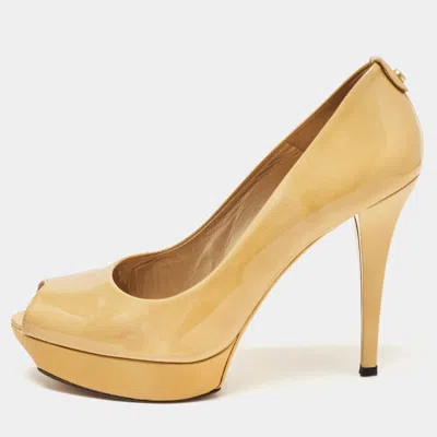 Stuart Weitzman Yellow Patent Leather Peep Toe Platform Pumps In Brown