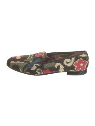 Pre-owned Stubbs & Wootton Floral Print Leather Trim Embellishment Loafers In Green
