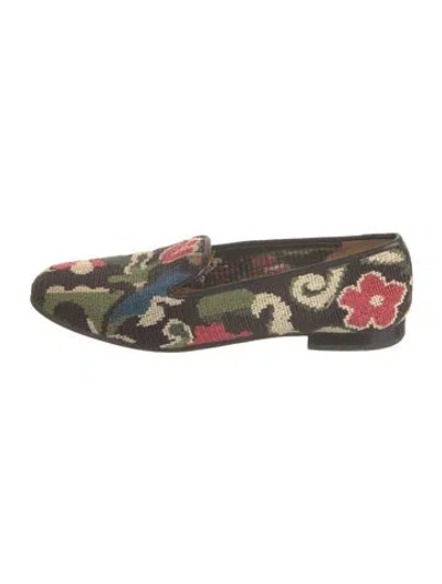 Pre-owned Stubbs & Wootton Floral Print Leather Trim Embellishment Loafers In Green