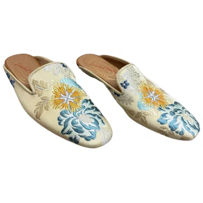 Pre-owned Stubbs & Wootton Rare 1990s  Palm Motif Embroidered Jacquard & Leather Mules 8.5 In Sand