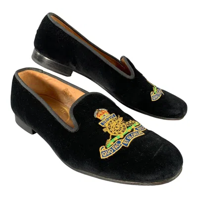 Pre-owned Stubbs & Wootton Size 9 Black Velvet Embroidered Loafer Flats