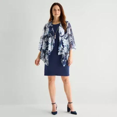Studio 1 Studio One 3/4 Sleeve Floral Faux-jacket Dress With Removable Necklace In Blue