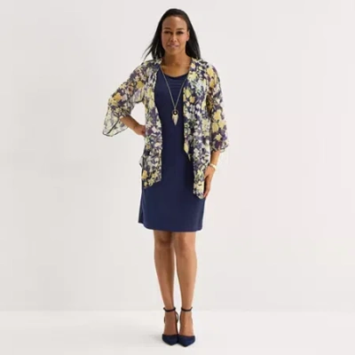 Studio 1 Womens Floral Jacket Dress With Removable Necklace In Blue