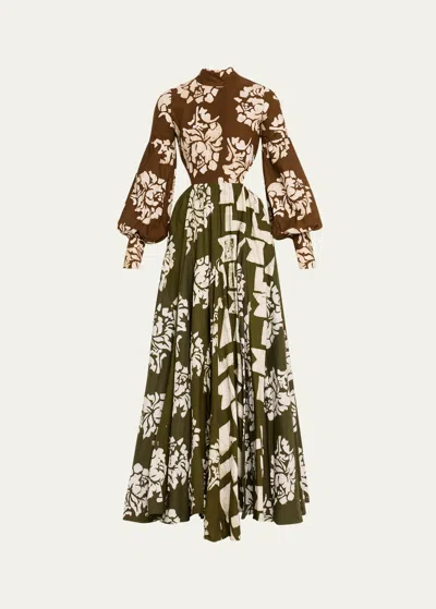 Studio 189 Alicia Floral Cotton Cutout Bishop-sleeve Maxi Dress In Brown And Black