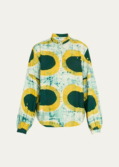 Studio 189 Hand-batik Cotton Blouson-sleeve Shirt In Green Yellow