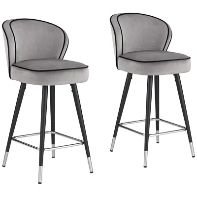 Studio 55d Elba 27 3/4" Gray Velvet With Black Piping Counter Stools Set Of 2