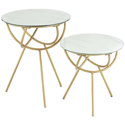 Studio 55d Mayflower Antique Gold Metal And Marbleized Glass Nesting Tables Set Of 2