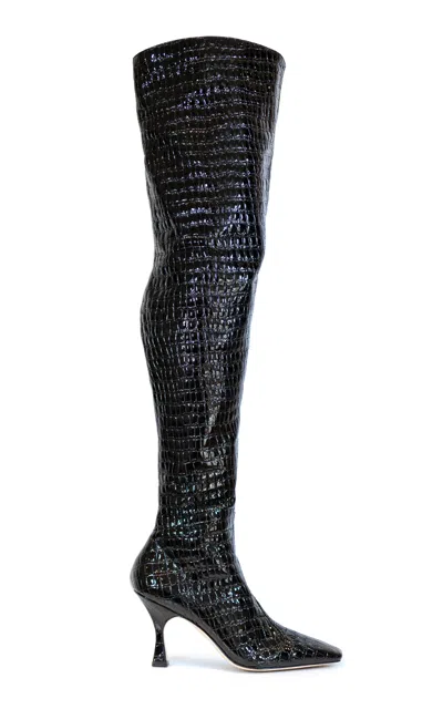 Studio Amelia Maverick Croc-embossed Lather Over-the-knee Boots In Black