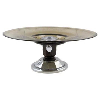 Pre-owned Studio Art Deco Art Deco Glass, Macassar Wood And Chrome Centerpiece Bowl, Circa 1930 In Brown