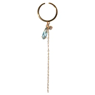 Pre-owned Studio Baloge Cascade Azure Blue Glass Pendant Draped Chain Ring In 24k Gold-plated