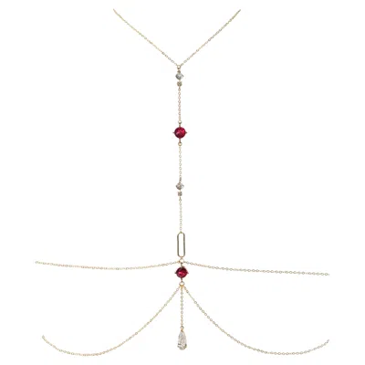 Pre-owned Studio Baloge Lumina T-line 14k Gold-filled Body Chain In Rouge Bordeaux With Red Crystals