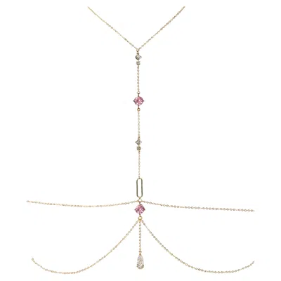 Pre-owned Studio Baloge Lumina T-line Body Chain In Bright Pink With Crystal Teardrop In 14k Gold Filled