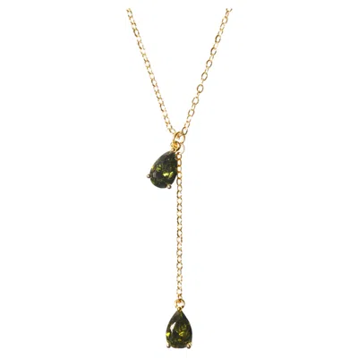 Pre-owned Studio Baloge Verdelle Olive Green Pear-cut Lariat Necklace In 14k Gold-filled
