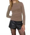 Studio By Workshop Ruched Side Long Sleeve Knit Top In Taupe In Gray