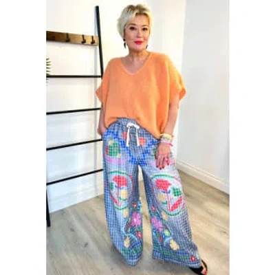 Studio Checked Wide Leg Printed Trousers In Blue