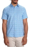 Studio Garnet Los Angeles Blue Square Print Short Sleeve Stretch Cotton Button-up Shirt In Blue