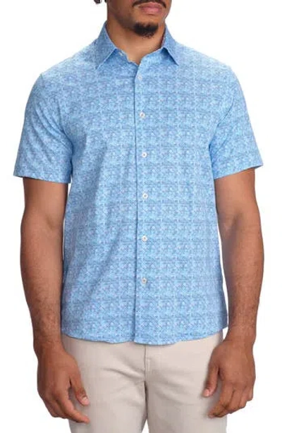 Studio Garnet Los Angeles Blue Square Print Short Sleeve Stretch Cotton Button-up Shirt