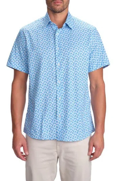 Studio Garnet Los Angeles Dolphin Print Short Sleeve Cotton Button-up Shirt In Blue