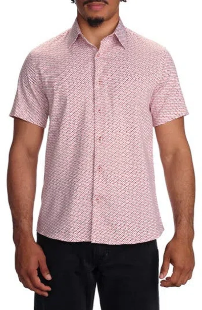 Studio Garnet Los Angeles Micro Print Short Sleeve Stretch Cotton Button-up Shirt In Red