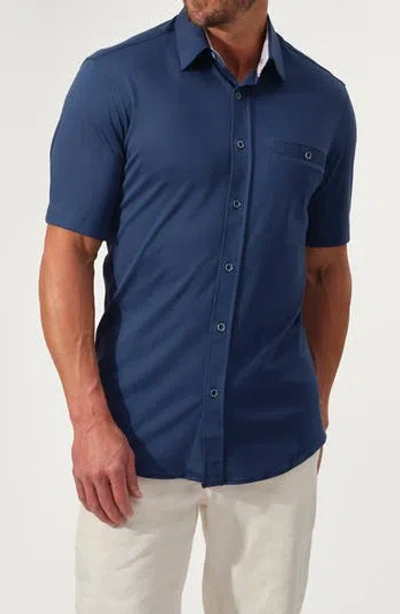 Studio Garnet Los Angeles Short Sleeve Cotton Knit Button-up Shirt In Blue
