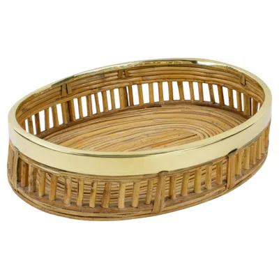 Pre-owned Studio Italia Design Rattan Bamboo Wicker And Brass Bowl Basket Centerpiece, Italy 1960s In Brown