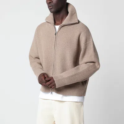 Studio Nicholson Beige Sandos Zip-up Cardigan In Wool In Brown