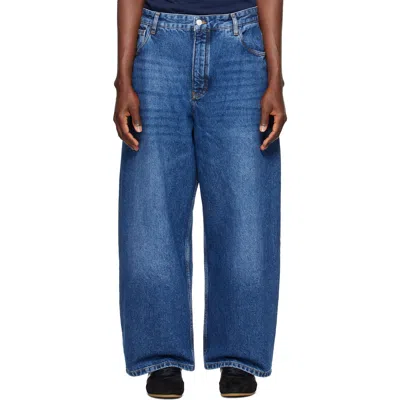 Studio Nicholson Blue Paolo Wide Leg Jeans In Worn Wash Indigo