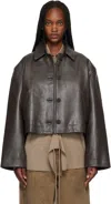 Studio Nicholson Brown Button Through Cropped Leather Jacket In Brown