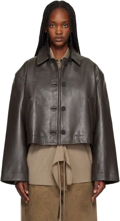 Studio Nicholson Brown Button Through Cropped Leather Jacket