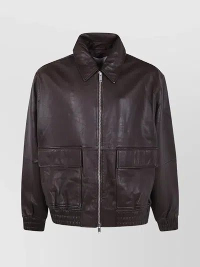 Studio Nicholson Collared Leather Bomber Jacket Featuring Pockets In Brown