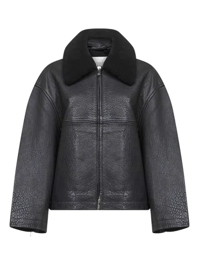 STUDIO NICHOLSON ERIE SHEARLING-COLLAR ZIP-UP LEATHER COAT