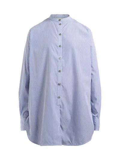 Studio Nicholson Striped Long Sleeve Shirt With Curved Hem In Blue