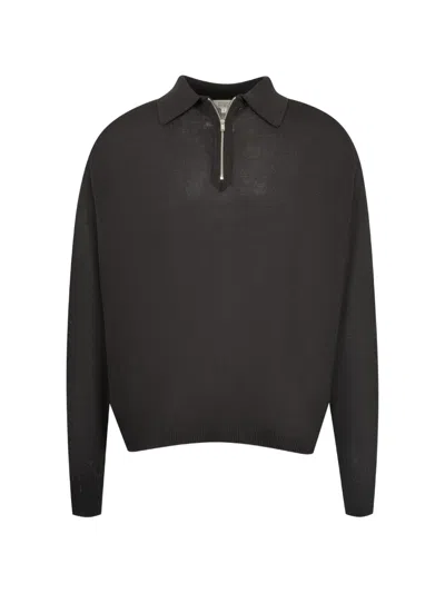 Studio Nicholson Heddy Zip-up Polo Sweater In Black
