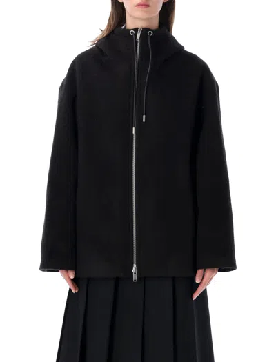 Studio Nicholson Hooded Zip-front Wool Coat In Black Brown