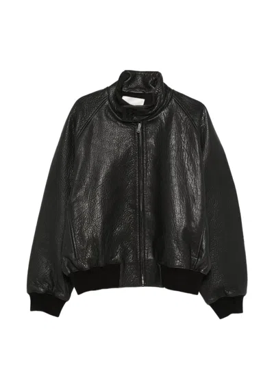 Studio Nicholson Leather Bomber Jacket In Black